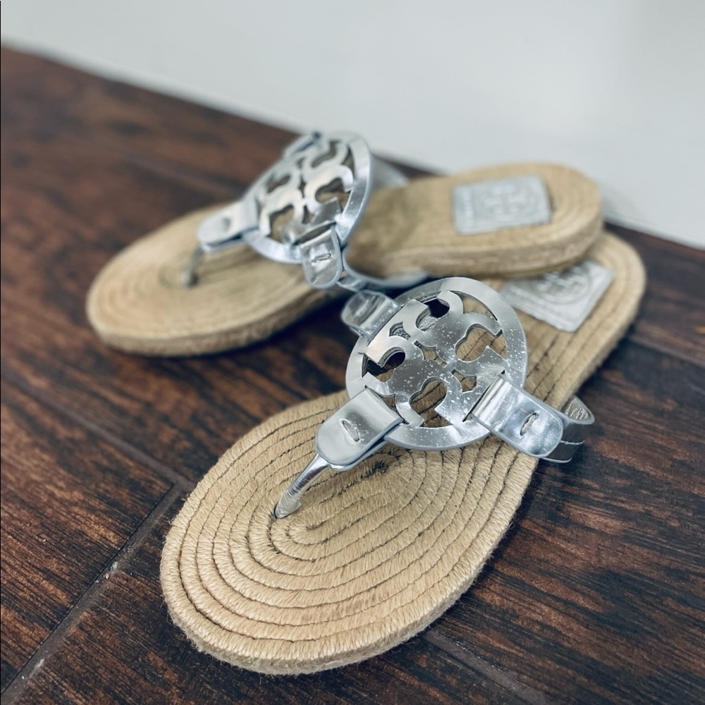 Tory Burch Miller Espadrille Silver Jute Sandals - Size 6